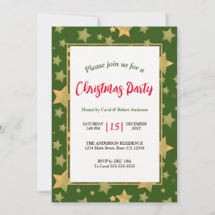 Green Gold Stars Elegant Vintage Christmas Party Invitation