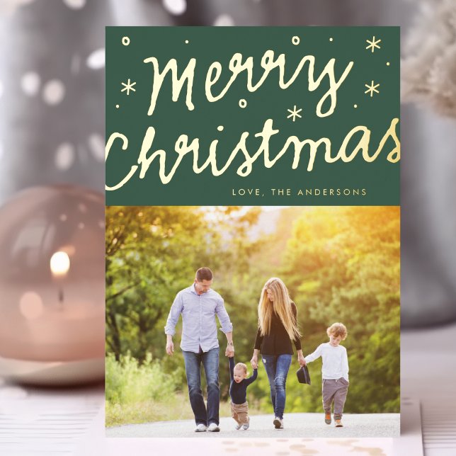 Green Gold Stars Merry Christmas Lettering Photo Foil Holiday Card (Creator Uploaded)