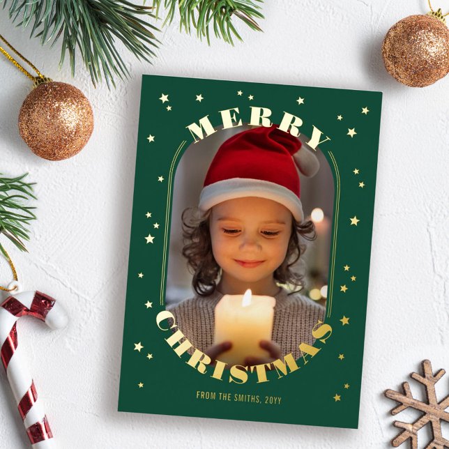 Green Gold Stars Oblong Photo Merry Christmas Foil Holiday Card (Creator Uploaded)