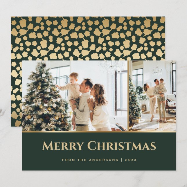 Green Gold Stars Photo Christmas Holiday Card (Front/Back)