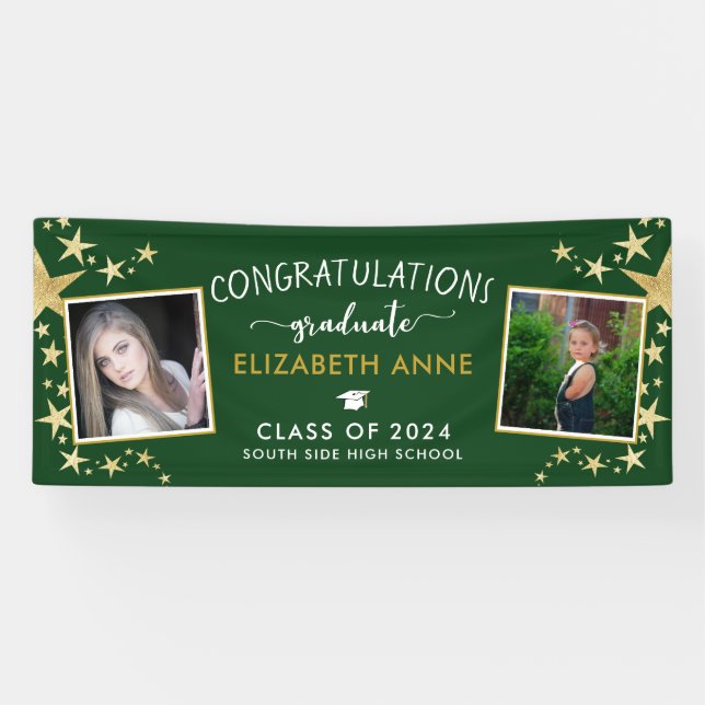 Green & Gold Stars Photo Congratulations Graduate Banner (Horizontal)