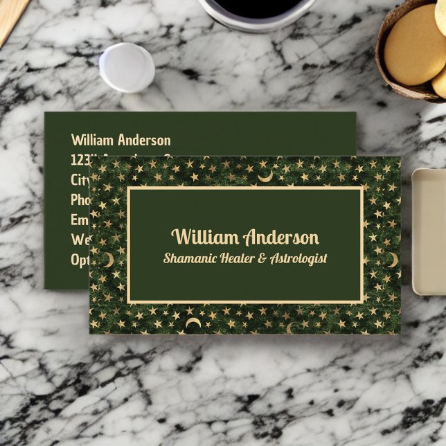 Green Gold Stars Shamanic or Astrologist Healer Business Card (Creator Uploaded)