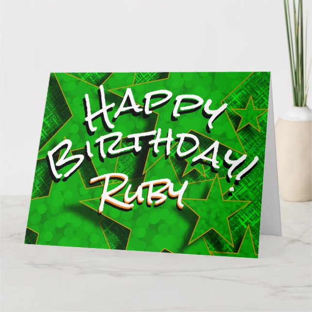 Green Gold Stars With Name Happy Birthday Card (Front)