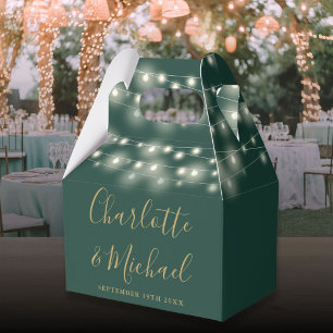 Green Gold String Lights Signature Script Wedding Favour Box
