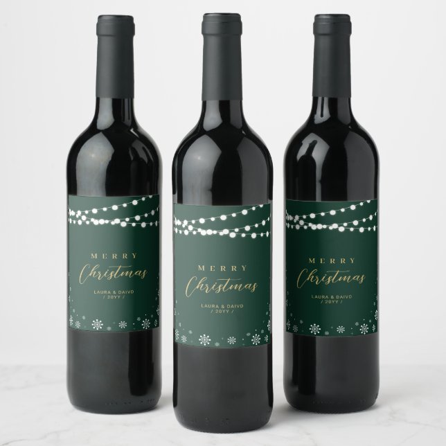 Green & Gold String Lights Snow Merry Christmas Wine Label (Bottles)