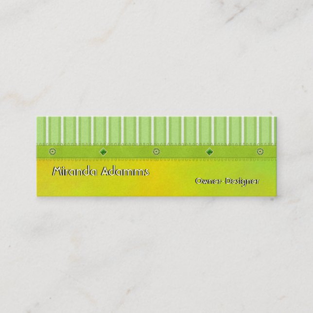 Green Gold Stripes and Beads Customisable Slimline Mini Business Card (Front)
