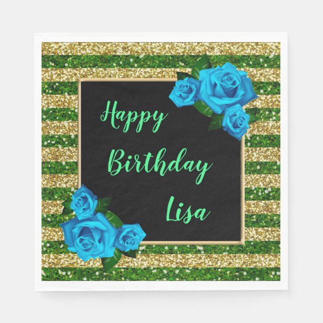 Green Gold Stripes Glitter Blue Roses Birthday Napkin (Front)