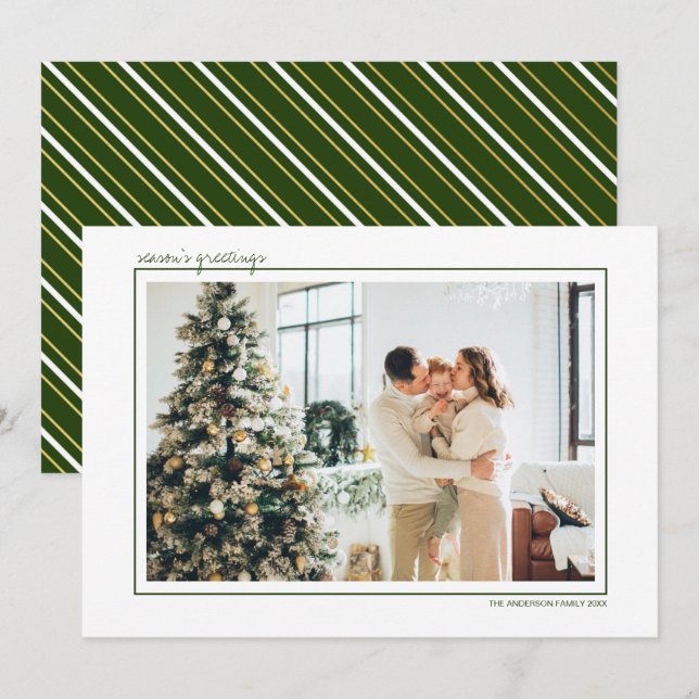 Green & Gold Stripes Season's Greetings Photo Holi Holiday Card (Front/Back)