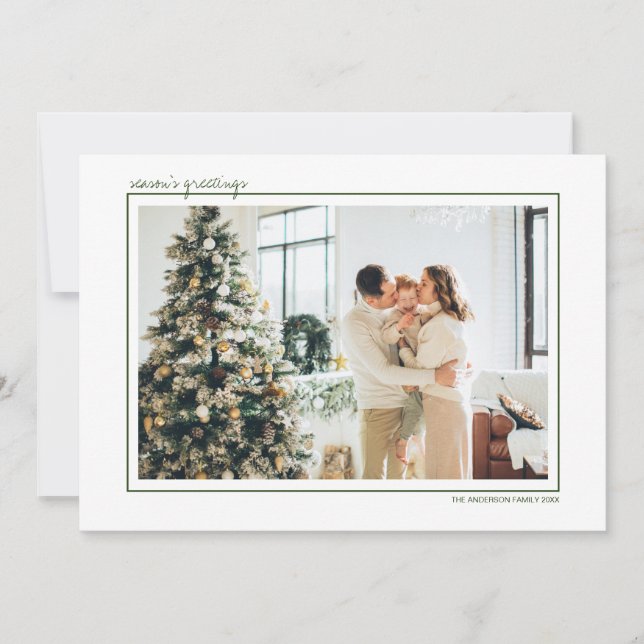 Green & Gold Stripes Season's Greetings Photo Holiday Card (Front)