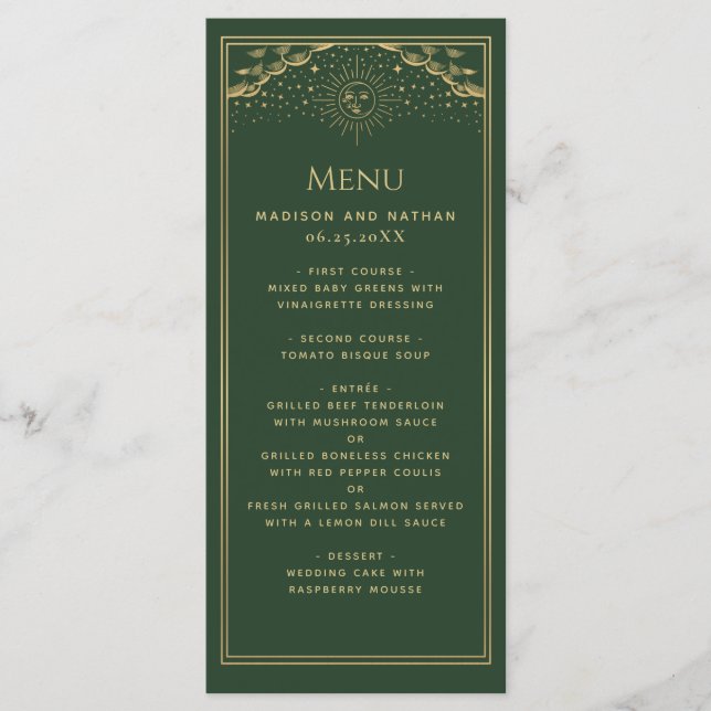 Green Gold Sun and Moon Tarot Card Wedding Menu (Front)