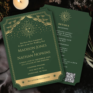 Green Gold Sun Moon Tarot Wedding QR Code Invitation