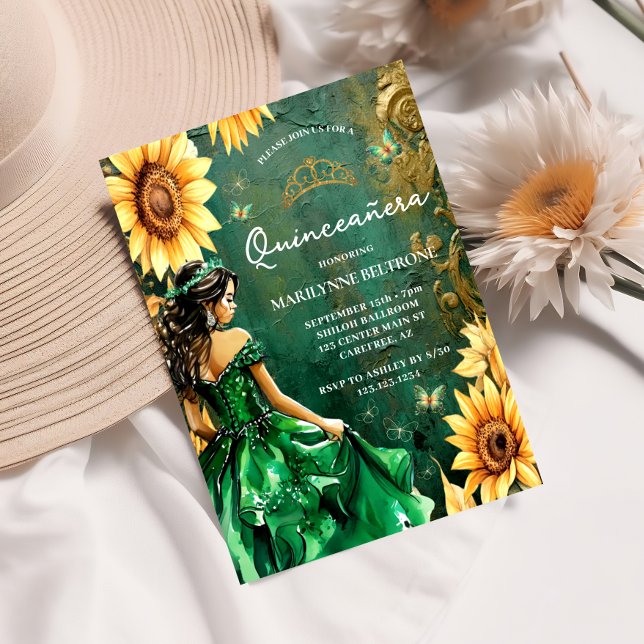 Green Gold Sunflower Princess Quinceañera Invitation (Creator Uploaded)