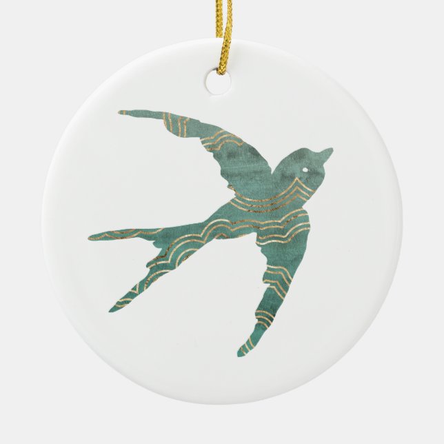 Green & Gold Swallow Ceramic Tree Decoration (Front)