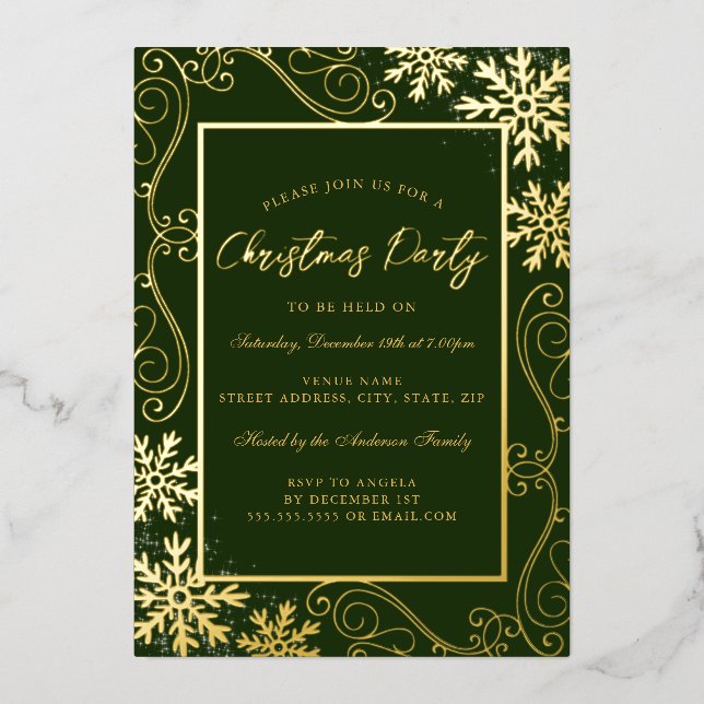 Green Gold Swirl Snowflake Frame Christmas Party (Front)