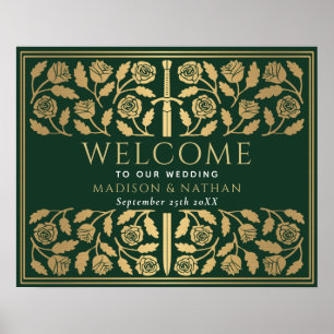 Green Gold Sword Royal Wedding Welcome Sign