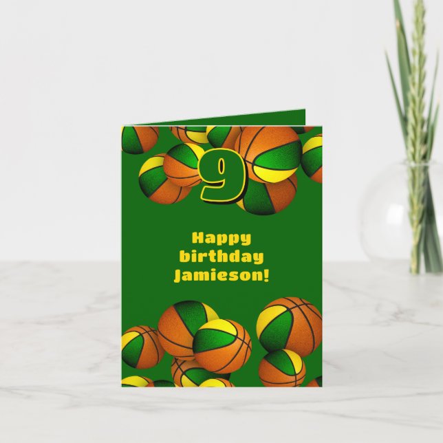 green gold team colours basketballs kids birthday card (Front)