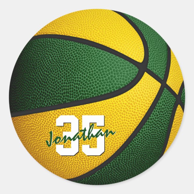 green gold team colours boys girls basketball classic round sticker (Front)