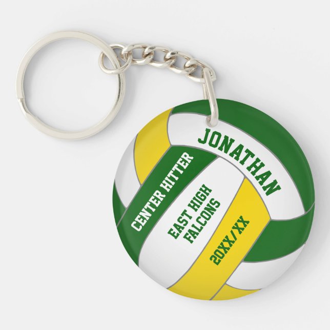 green gold team colours custom boys volleyball key ring (Front)
