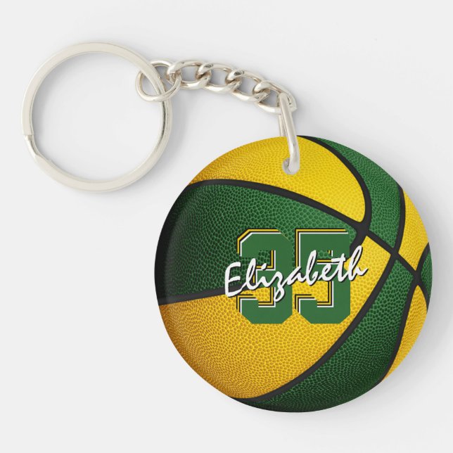green gold team colours girls boys basketball key ring (Front)
