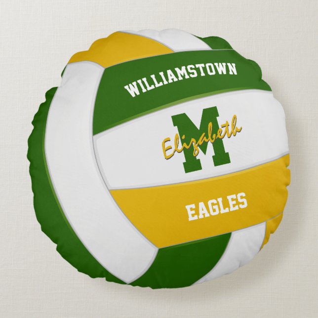 green gold team colours girls volleyball round cushion (Front)