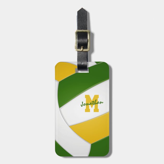 green gold team colours monogrammed volleyball luggage tag (Front Vertical)