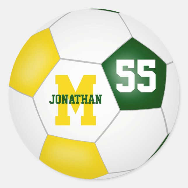 green gold team colours soccer ball personalised classic round sticker (Front)