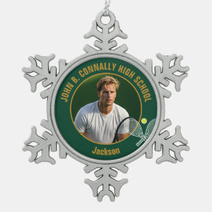 Green Gold Tennis Player Photo High School Snowflake Pewter Christmas Ornament