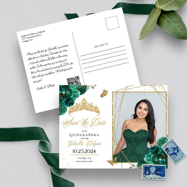 Green & Gold Tiara Quinceañera Photo Postcard (Creator Uploaded)