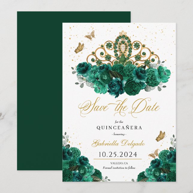 Green & Gold Tiara Save The Date Quinceañera Invitation (Front/Back)