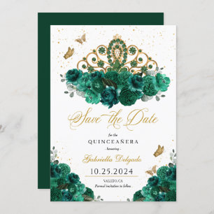 Green & Gold Tiara Save The Date Quinceañera Invitation