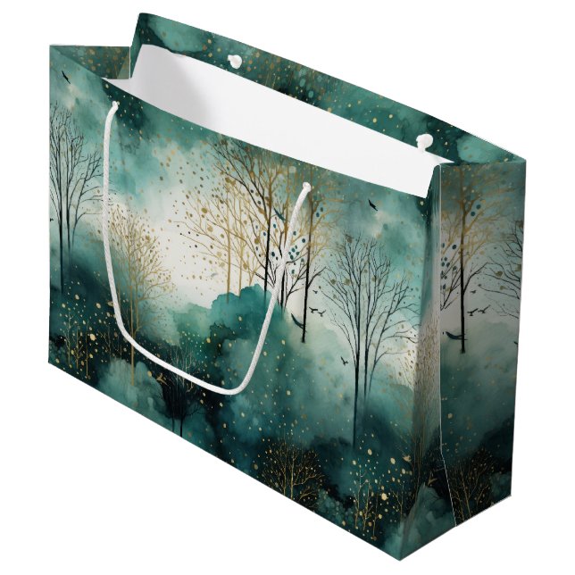 Green Gold Trees Christmas Large Gift Bag (Front Angled)