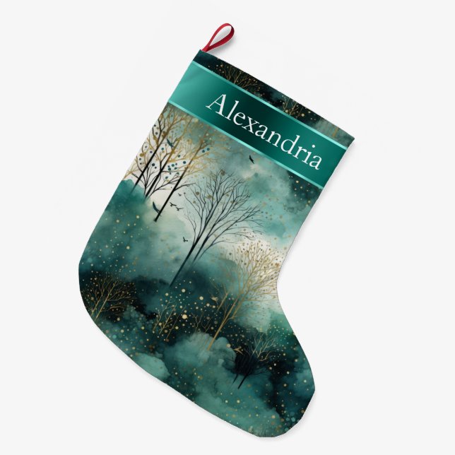 Green Gold Trees Christmas Name Large Christmas Stocking (Front (Hanging))
