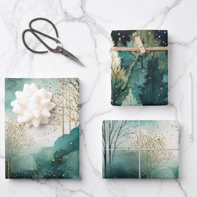 Green Gold Trees Christmas Wrapping Paper Sheet (Front)