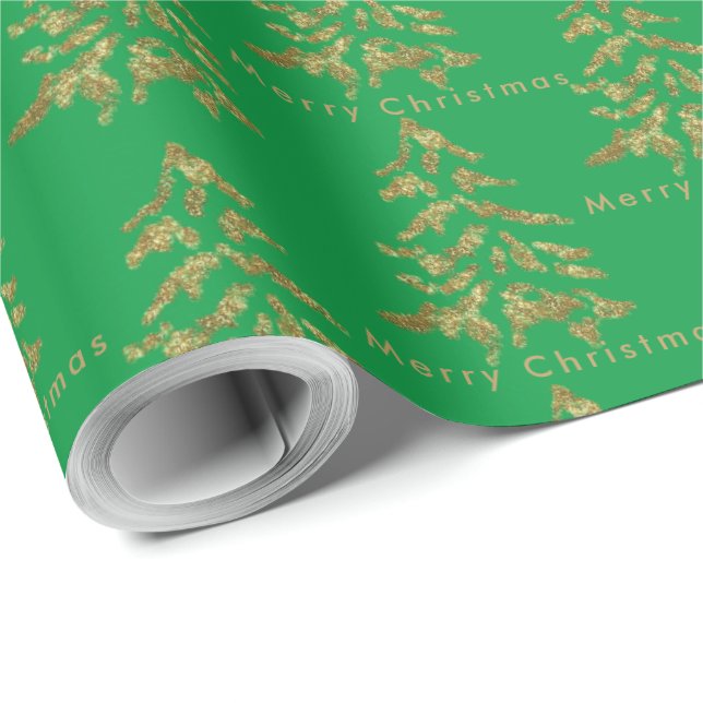 Green & Gold Trees Merry Christmas Wrapping Paper (Roll Corner)