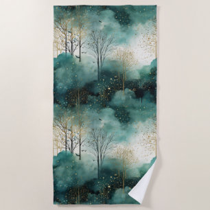 Green Gold Trees with Birds Christmas Beach Towel