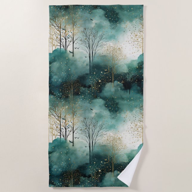 Green Gold Trees with Birds Christmas Beach Towel (Front)