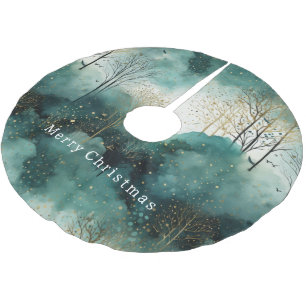 Green Gold Trees with Birds Christmas Brushed Polyester Tree Skirt