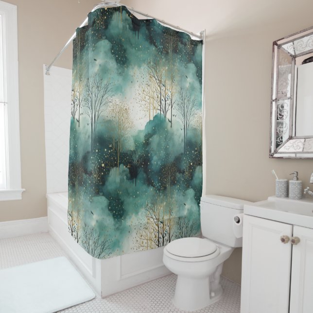 Green Gold Trees with Birds Christmas Shower Curtain (In Situ)