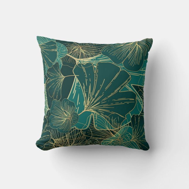 Green- Gold Tropical Leaves  Cushion (Front)