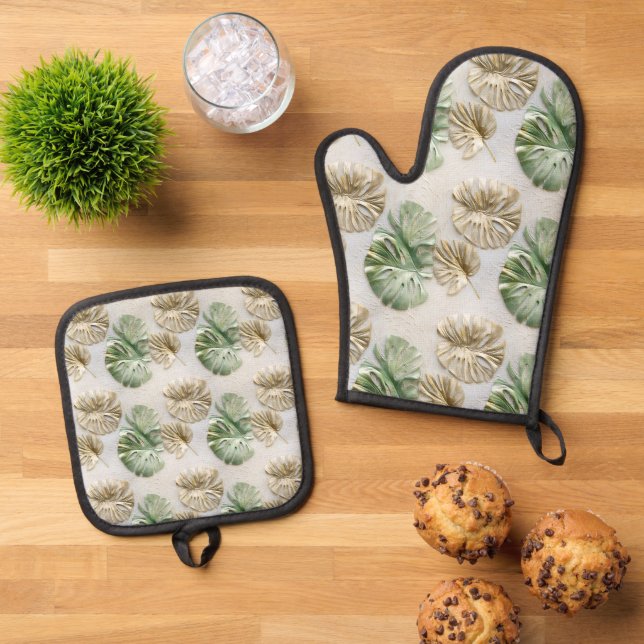 Green Gold Tropical Leaves Oven Mitt & Pot Holder Set (Top Down)