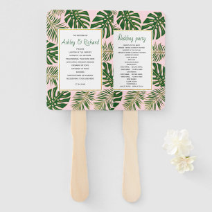 Green, gold tropical leaves pink wedding program hand fan
