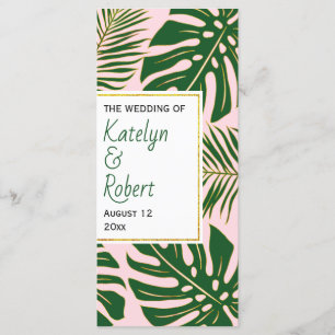 Green, gold tropical leaves pink wedding program programme