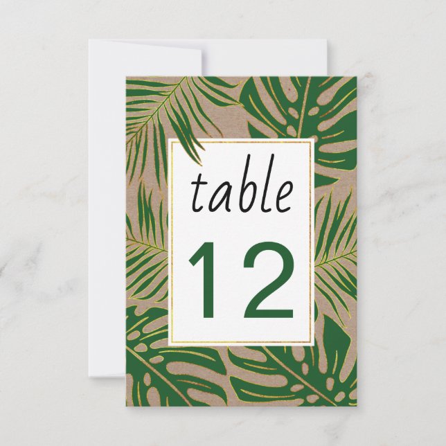 Green, gold tropical leaves wedding table number (Front)