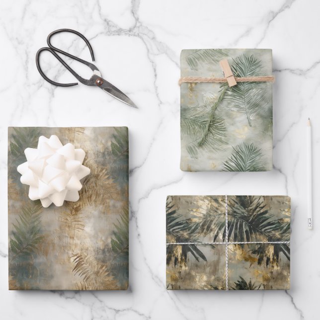 Green Gold Tropical Leaves Wrapping Paper Sheet (Front)