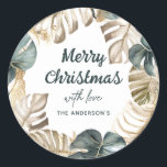 Green & Gold Tropical Palm Wreath Christmas Classic Round Sticker<br><div class="desc">Tropical watercolor green and gold palm wreath Merry Christmas Stickers Gift Tags. Click the edit/personalise button to customise this design with your text.</div>
