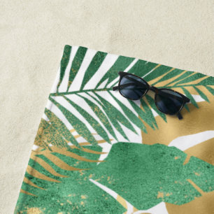 Green & Gold Tropical Plant Big Leaves  Beach Towel