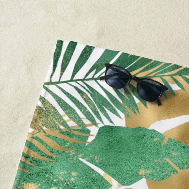 Green & Gold Tropical Plant Big Leaves  Beach Towel (In Situ)