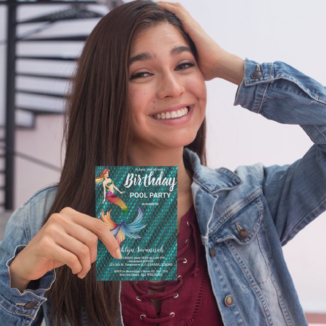 Green Gold Turquoise Mermaid Tail Pool Party Postcard (Creator Uploaded)