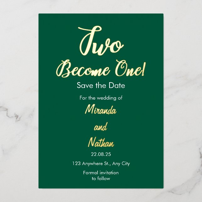 Green & Gold Two Become One Foil Wedding Invitatio (Front)