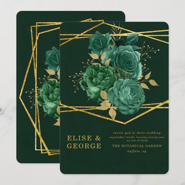 Green & Gold Unique Geometric Floral Wedding Invitation (Front/Back)